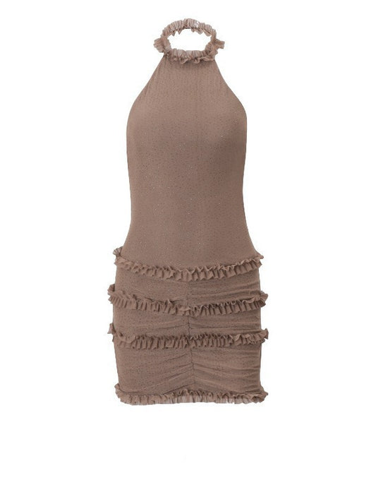 European And American-style Alluring Backless Lace-up Sparkly Halter Dress