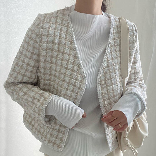 Vintage Check V-Neck Chic Pearl Single-Breasted Jacket