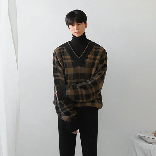 Trendy V-hals Plaid Sweater til Mænd