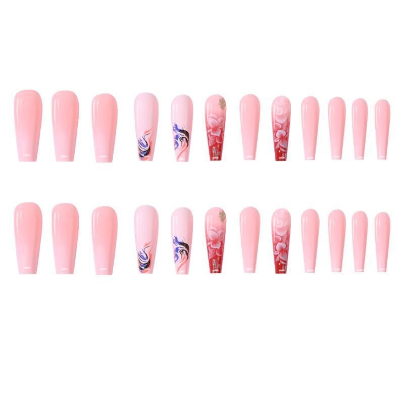 Ultra-long Light White Glitter Camellia Trapezoidal Coffin Nail