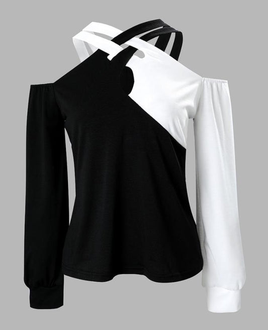 Black And White Patchwork Casual Fashion Cross Belt Women's Top
