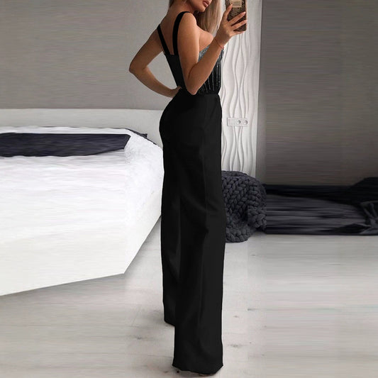 Europæisk og amerikansk-inspireret rhinstensbelagt sexet stropløs ærmeløs jumpsuit med taljefremhævelse