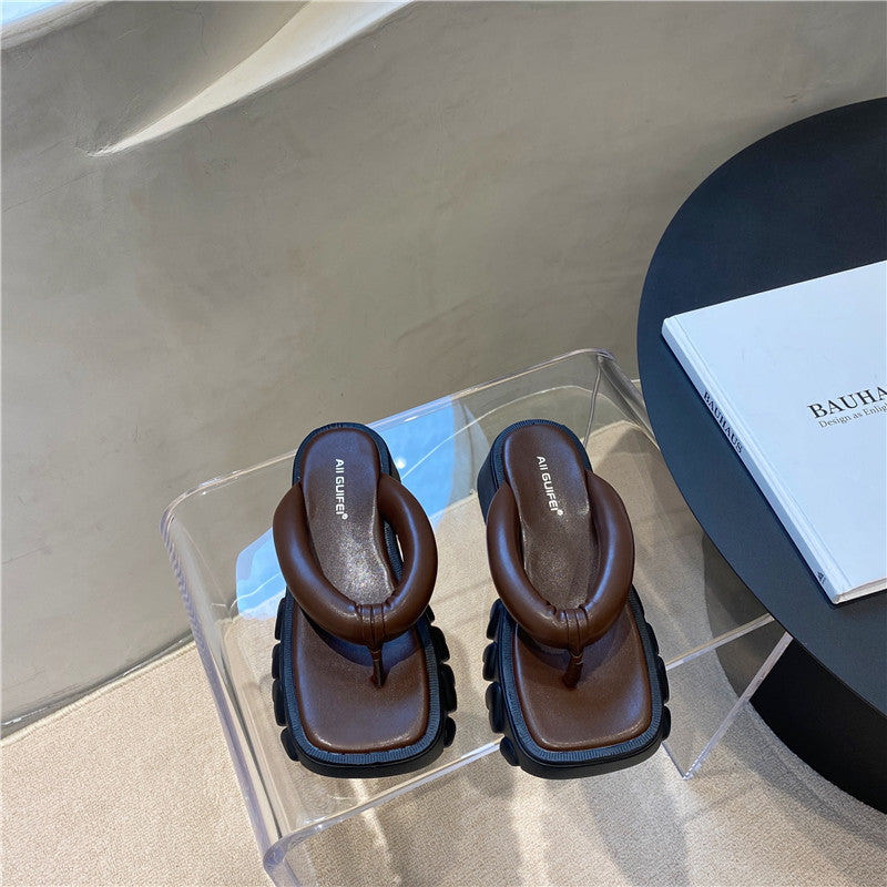 Korean Style Square Head Platform Herringbone Sandals