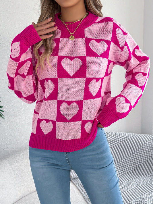 Dame Color-Blocked Plaid Hjerte Lygteærme Pullover Sweater Til Valentinsdag
