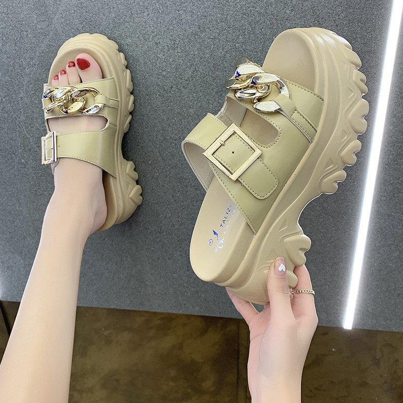 Metal Buckle Heightening Sponge Cake Sandals And Slippers
