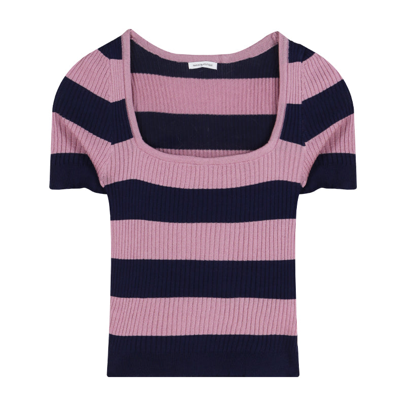 Women's Summer Ice Silk Striped Short Sleeve Knitted Sweater