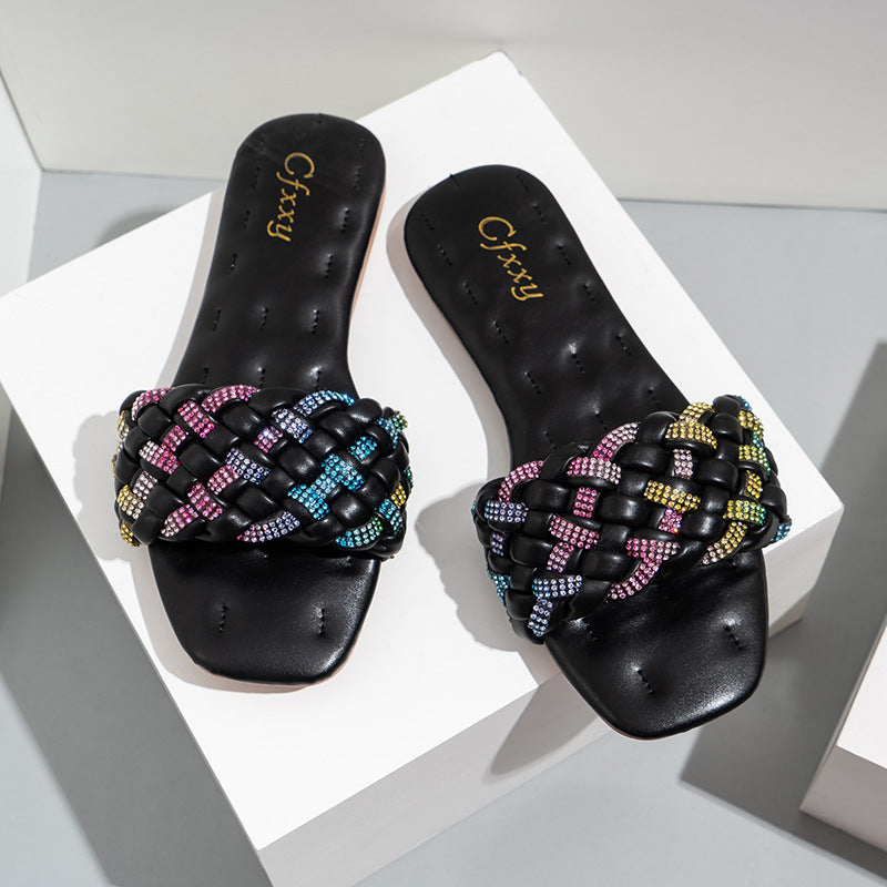 Fashion Square Head Colorful Diamond Embroidery Thread Flat Sandals