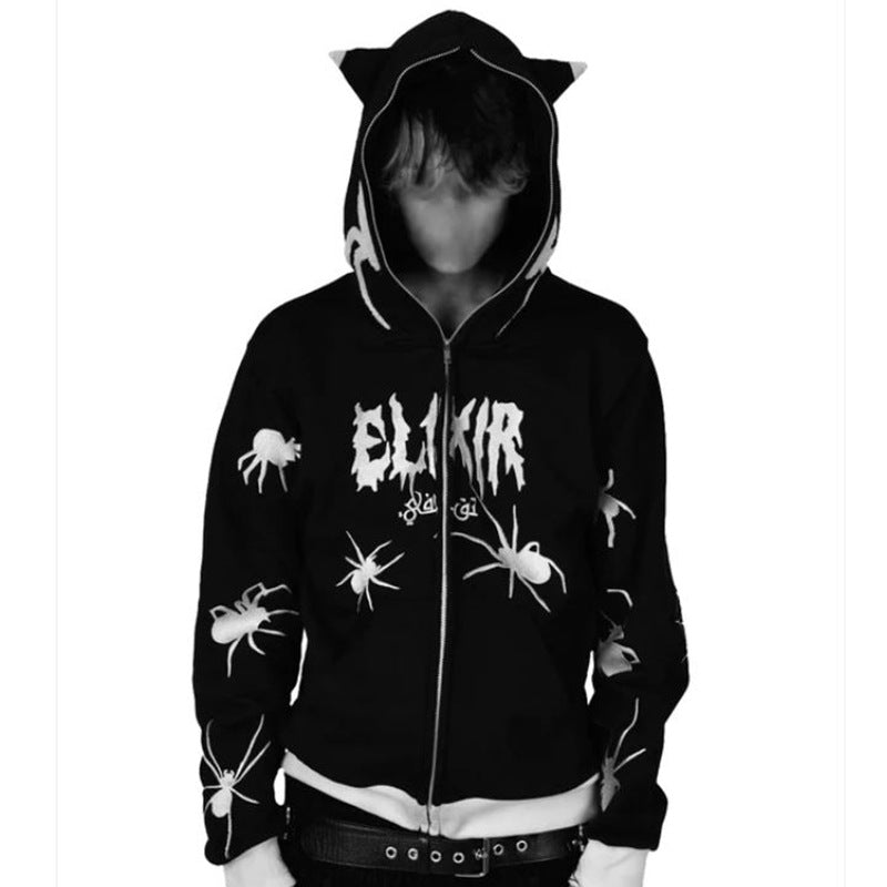 Spider Print Hooded Zipper Loose Men And Women Tide Sweater Jacket