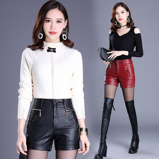 Retro high waist slim slim straight casual pu leather shorts
