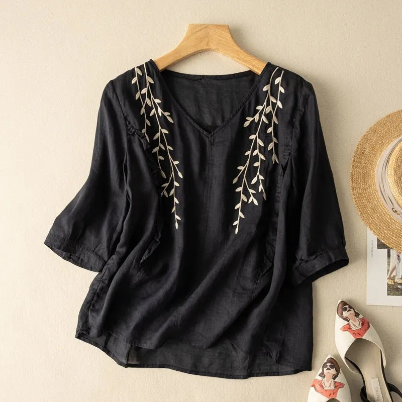 Relaxed Artistic And Retro Three-quarter Sleeves