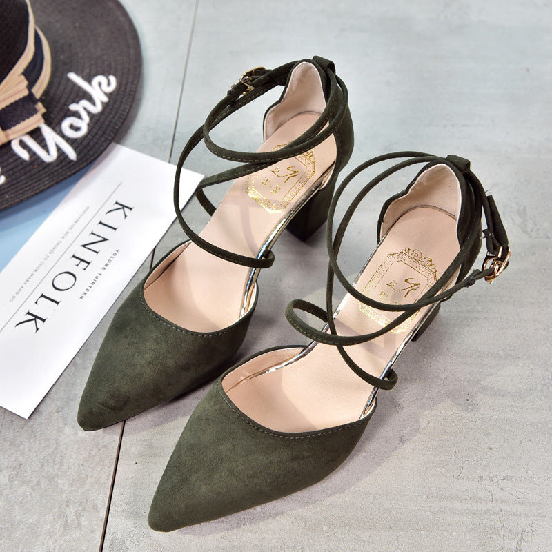 Pointed Suede High-heeled Shoes With A Buckle And Lace-up