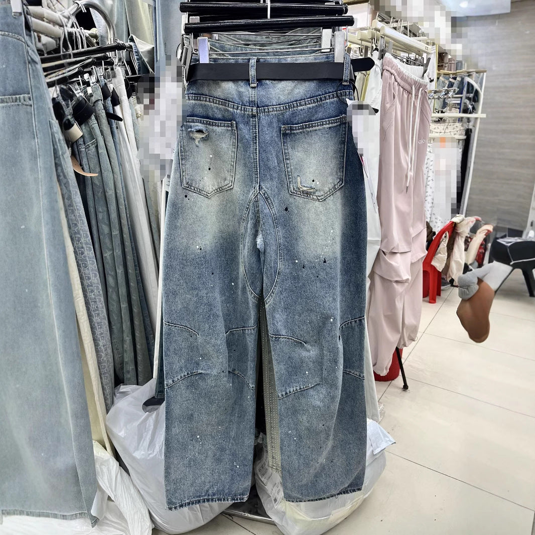 Letter Printed Ripped Cool Brushed Paint Jeans