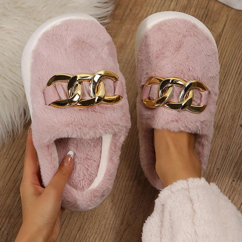 Short Plush Metal Chain Insulated Casual Home Slippers