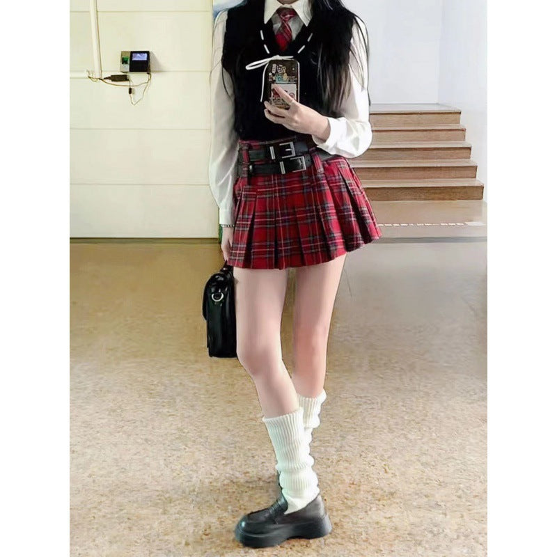 New Little Style Versatile Double Belt Short Skirt Fresh Plaid Pleated