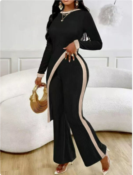 Women's Fashion Long Sleeve Side Slit T-shirt Trousers Suit