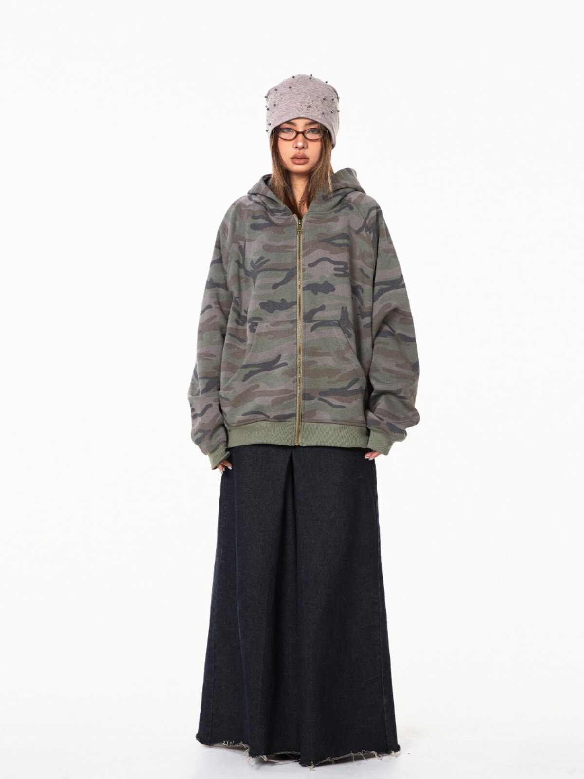 Retro Camouflage Hooded Sweater For Women Loose Cardigan Coat