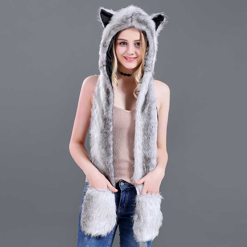 Faux Fur Strå Tegneserie Dyrehat Tørklæde Handsker Én