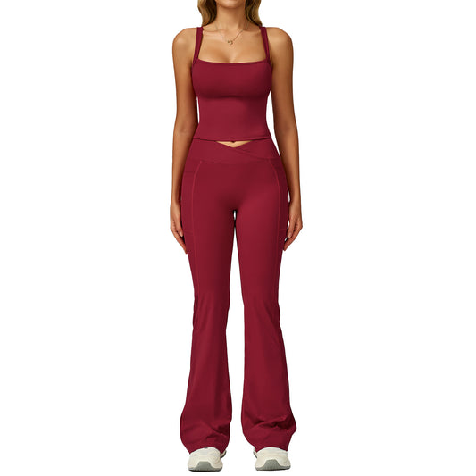 Womens Solid Color Casual Yoga Top And Pants Set