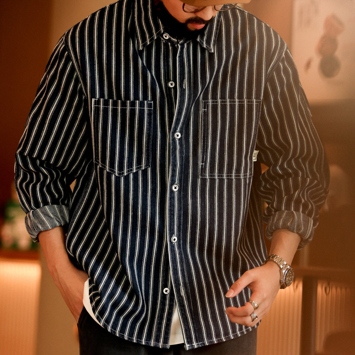 Men's Retro Casual Denim Striped Shirt