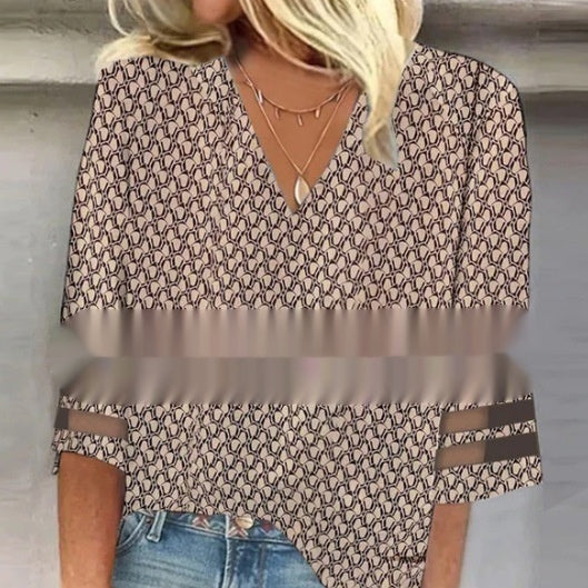 Women's Loose Long Sleeve Printed V-neck Shirt