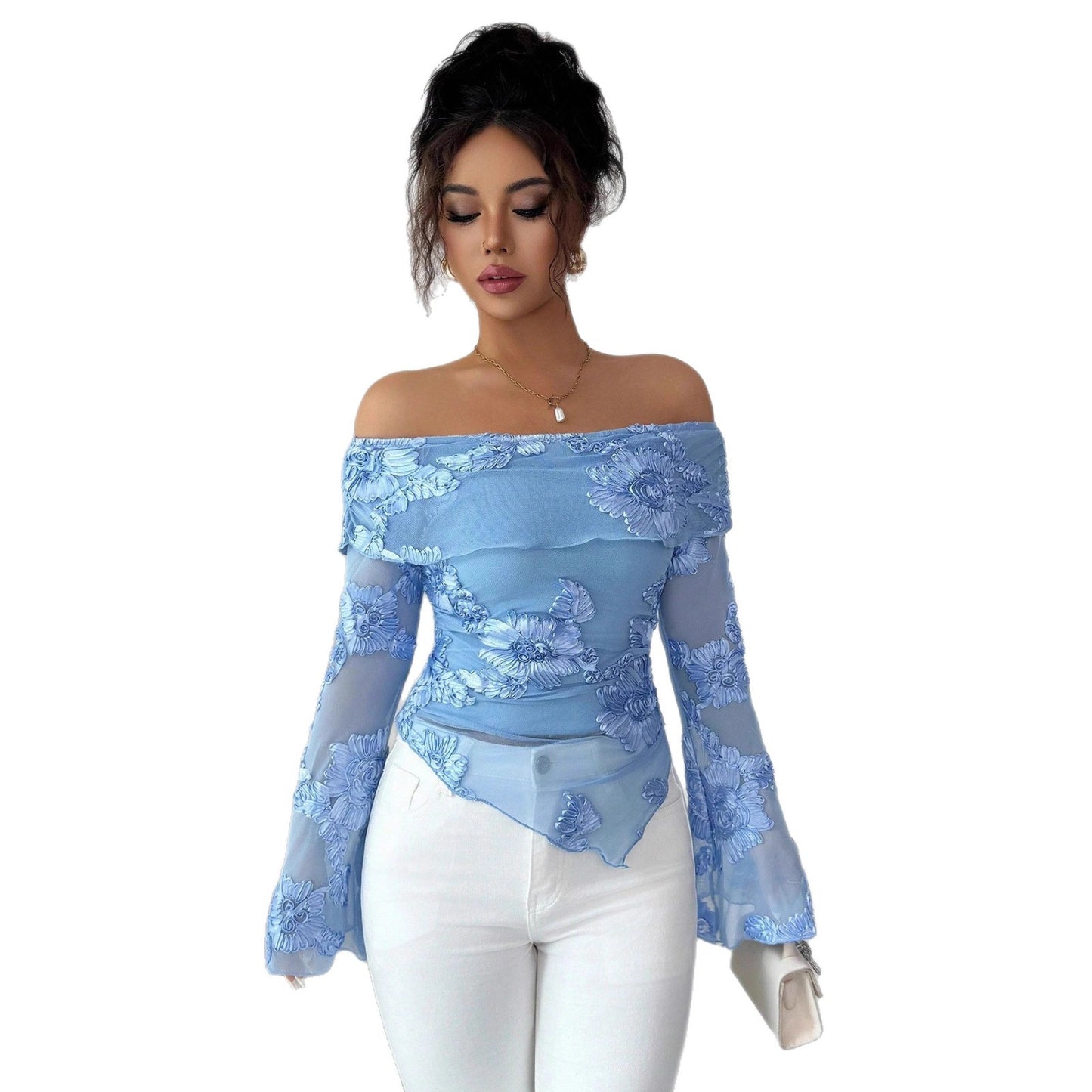 New One-shoulder Trumpet Sleeve Asymmetric Hem Embroidery Versatile Stylish Top