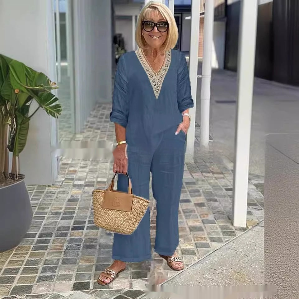 Solid Color Long Sleeve Plus Size Loose Suit Elegant Commute Two-piece Set For Women