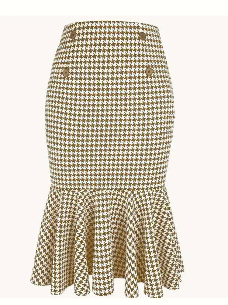Elegant Commuter Houndstooth Stræk Nederdel med Hoftepasform