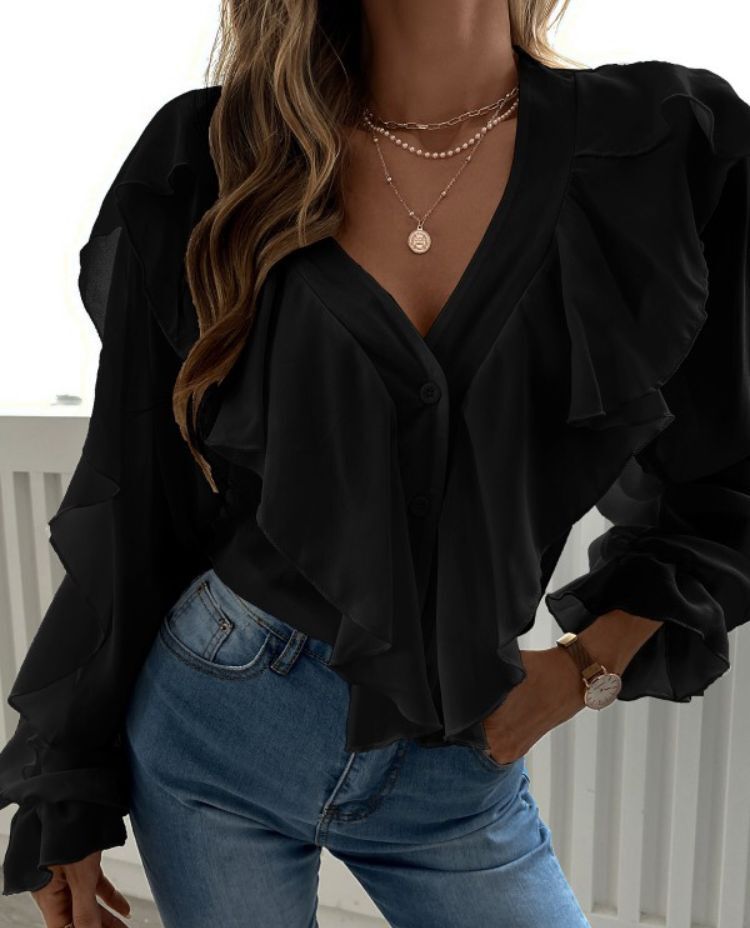 Women's SpringSummer V-neck Flounce Top