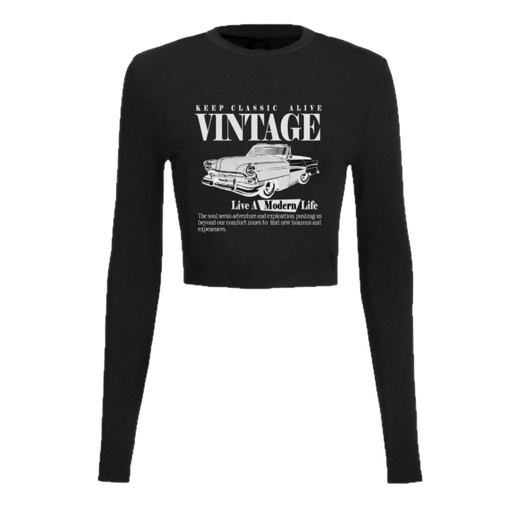 Printed American-style Vintage Long-sleeve Crew-neck T-shirt
