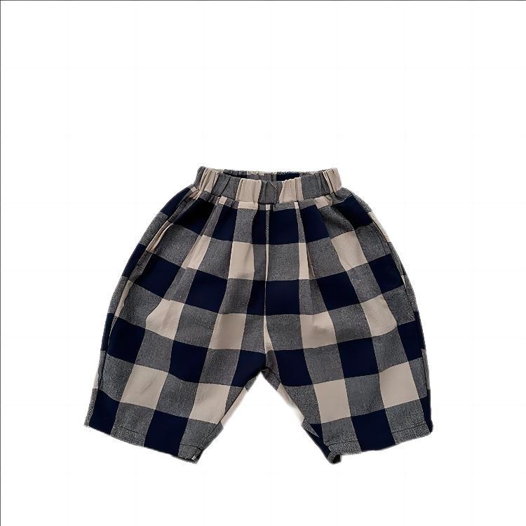 Retro Blue Plaid Casual Capri Pants Children's Middle Pants