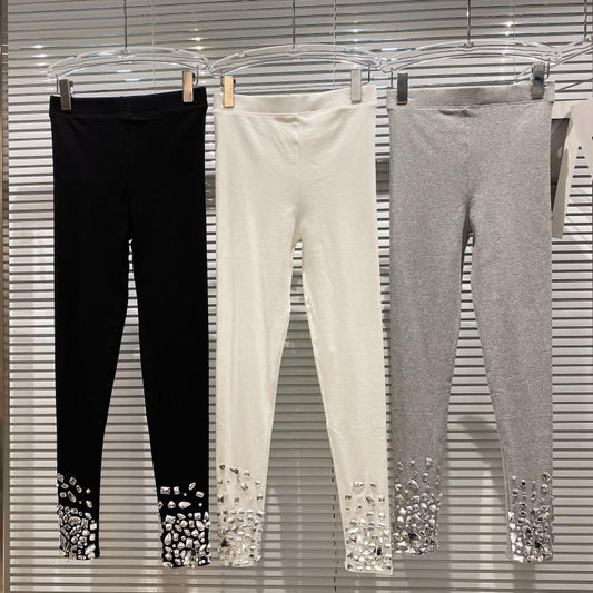 Women's Heavy Industry Large-particle Rhinestone Beaded Elastic Slim Leggings
