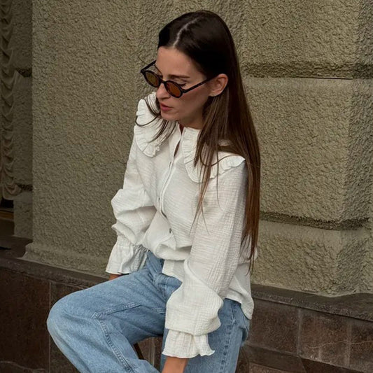 Peter Pan Collar Ruffled Lantern-sleeve Shirt