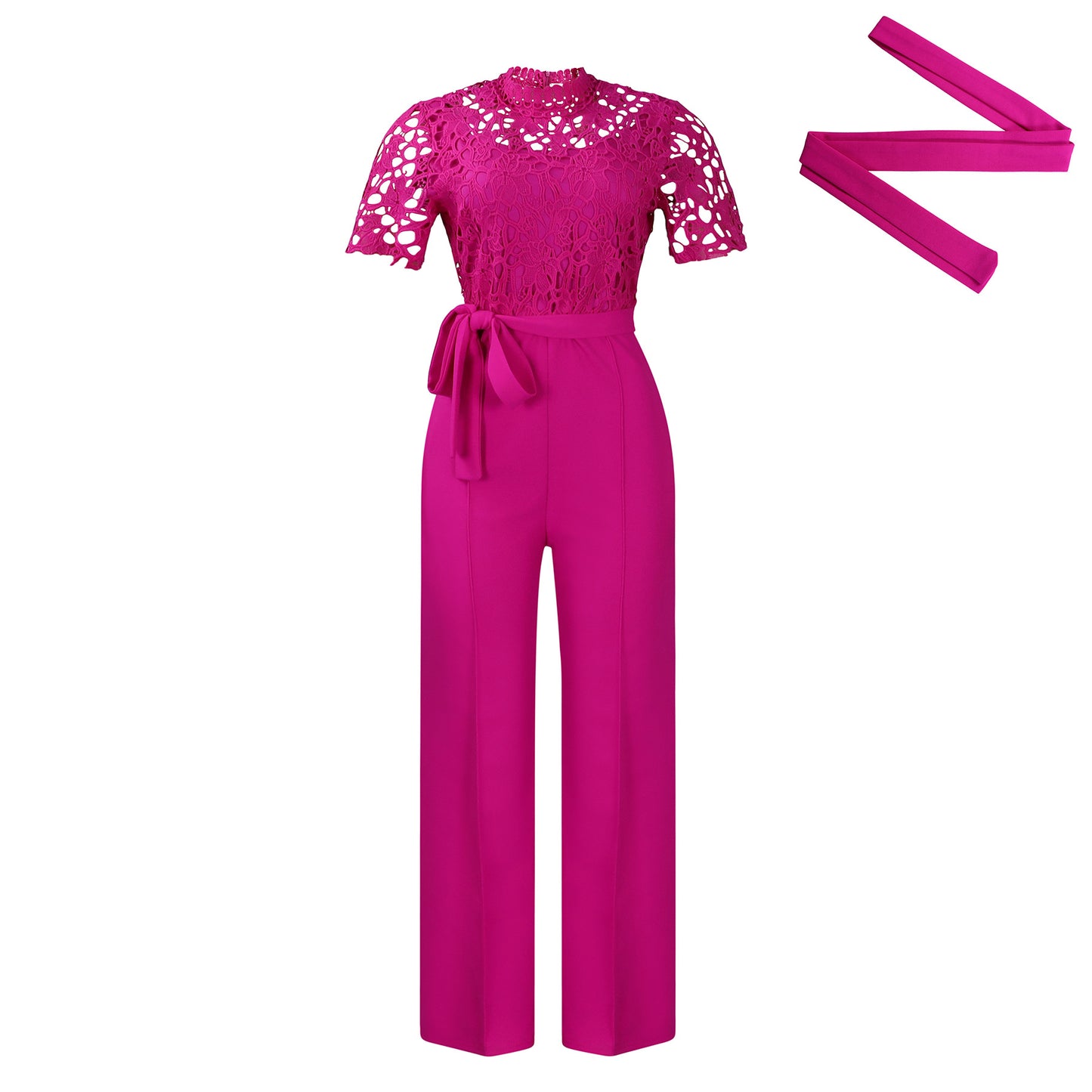 Sexy Lace Hollow-out Short-sleeve Tie-waist High-waist Wide-leg Jumpsuit