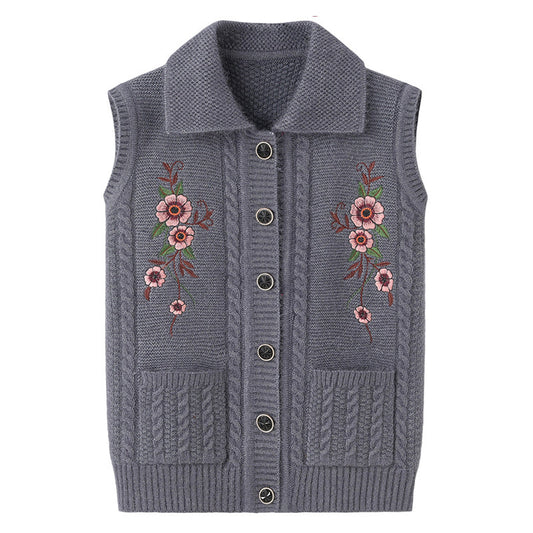 Waistcoat Embroidered Elderly Winter Vest Lapel