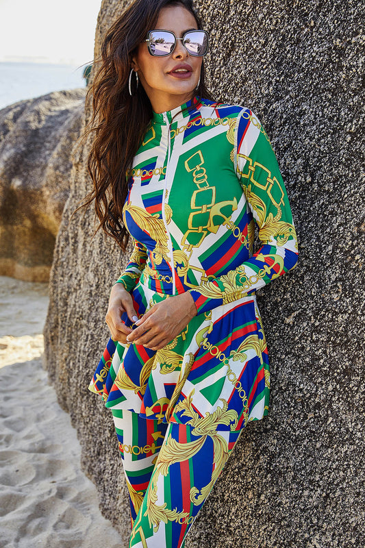 Womens Printed High-Neck Long-Sleeve Sun-Protective One-Piece Swimsuit