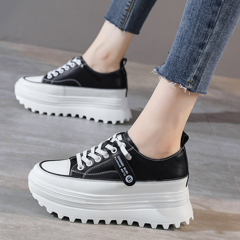 Inner Heightened Leather Casual Shoes With Round Toe