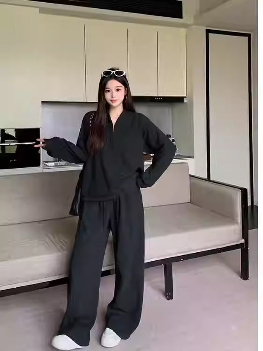 Laid-back Casual Half-Open Collar Sweater And High-Waist Wide-Leg Pants Set
