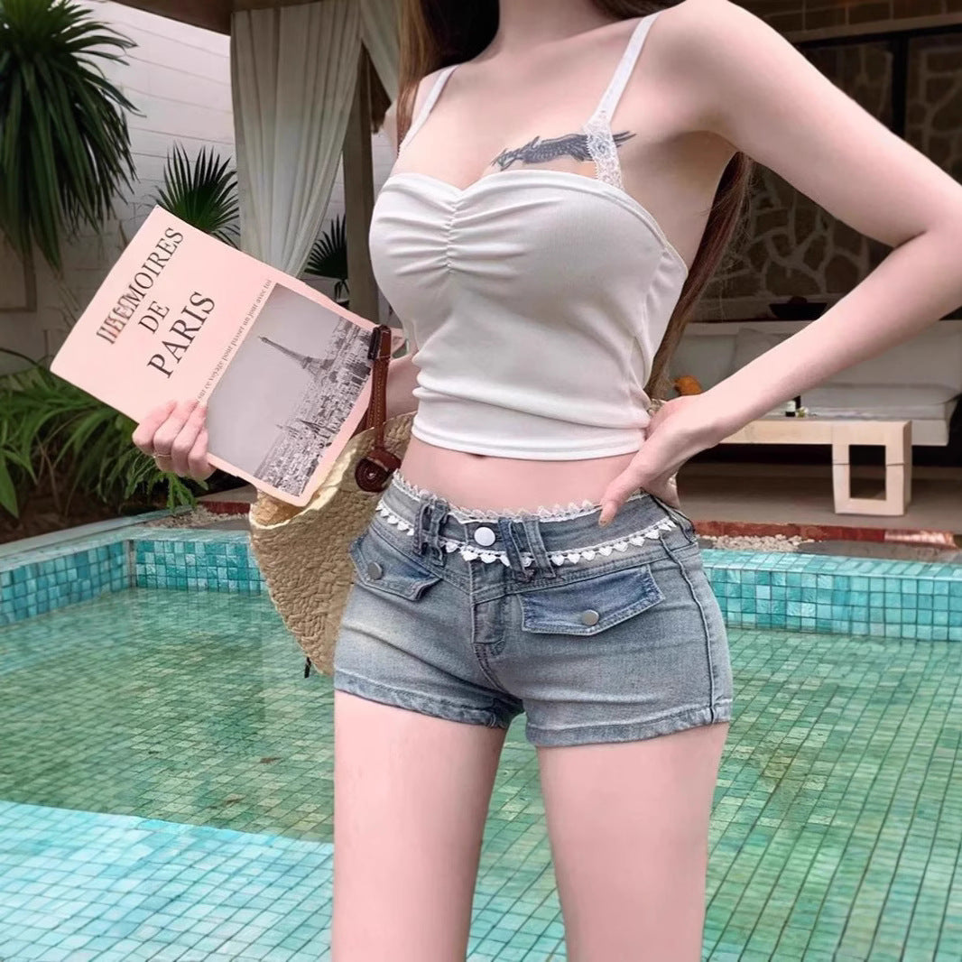 French Lace-Trimmed Hip-Fitting Denim Shorts
