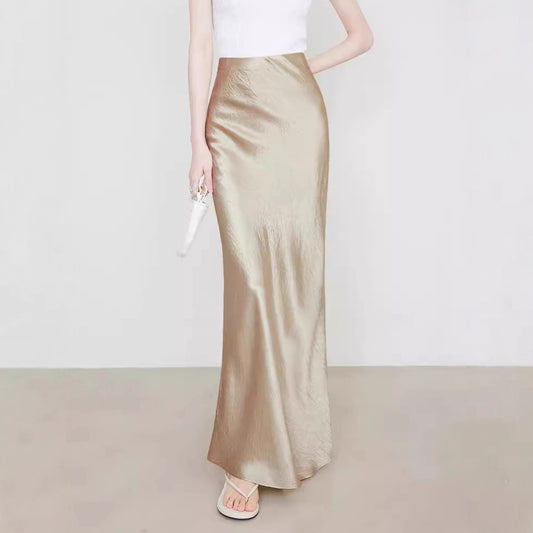 Women's Satin Midi Skirt High Waist Elastic Waistband Hand-tied Tie-dye Pattern