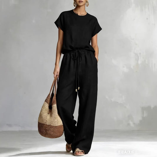 Womens Casual Loose Solid-Color Zip-Up Crew-Neck Wide-Leg Pants Set