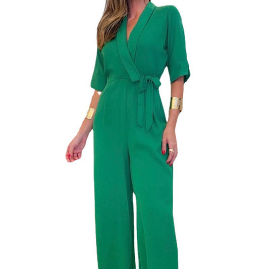 Grøn slå om-jumpsuit til kvinder med revers og middelærmer