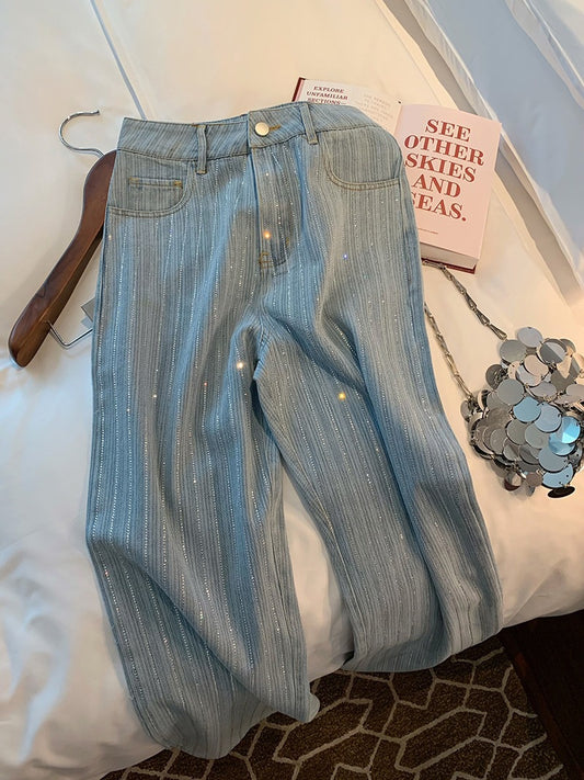 Lyseblå klassisk stil lige jeans med rhinsten