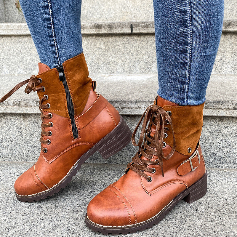 Couple Round Toe Martin Boots Chunky Heel Lace-up