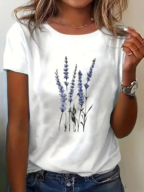 Womens Casual Floral-print T-shirt With A Crew Neck