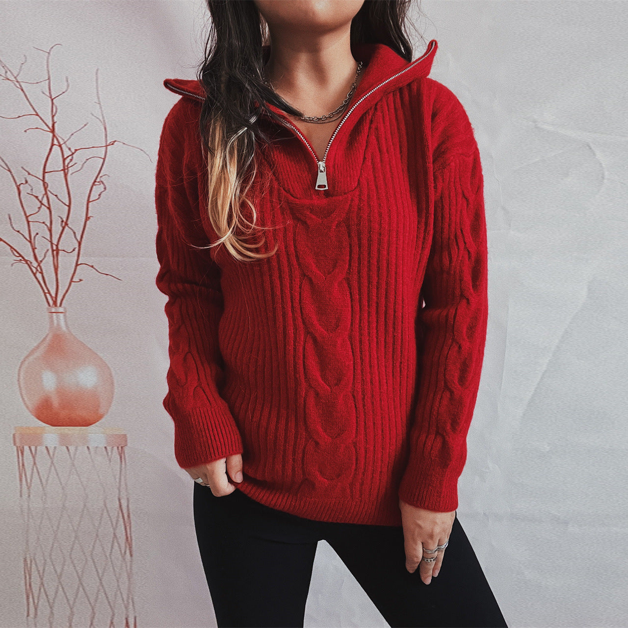Twist Vertical Stripes Zipper And Lapel Long Sleeve Sweater