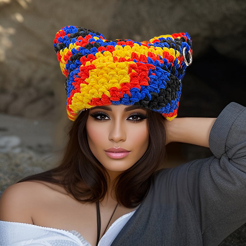 Women's Thick Thread Handmade Textile Needle Devil Horn Woolen Cap