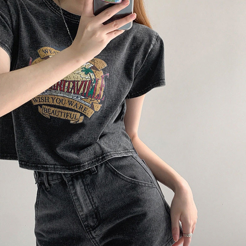 Women's Thin High Waist Cropped Navel Short Sleeve T-shirt