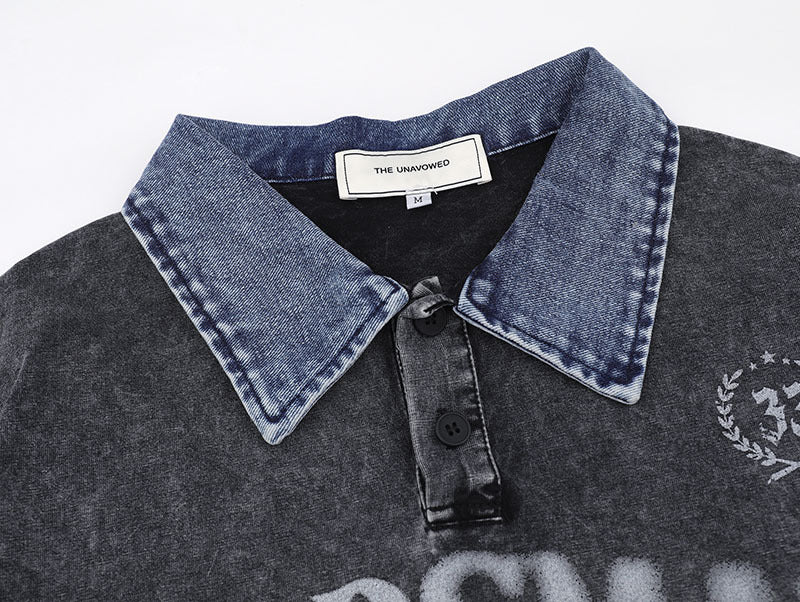 Washed Letter Print Contrast Color Denim Lapel Short Sleeve T-shirt