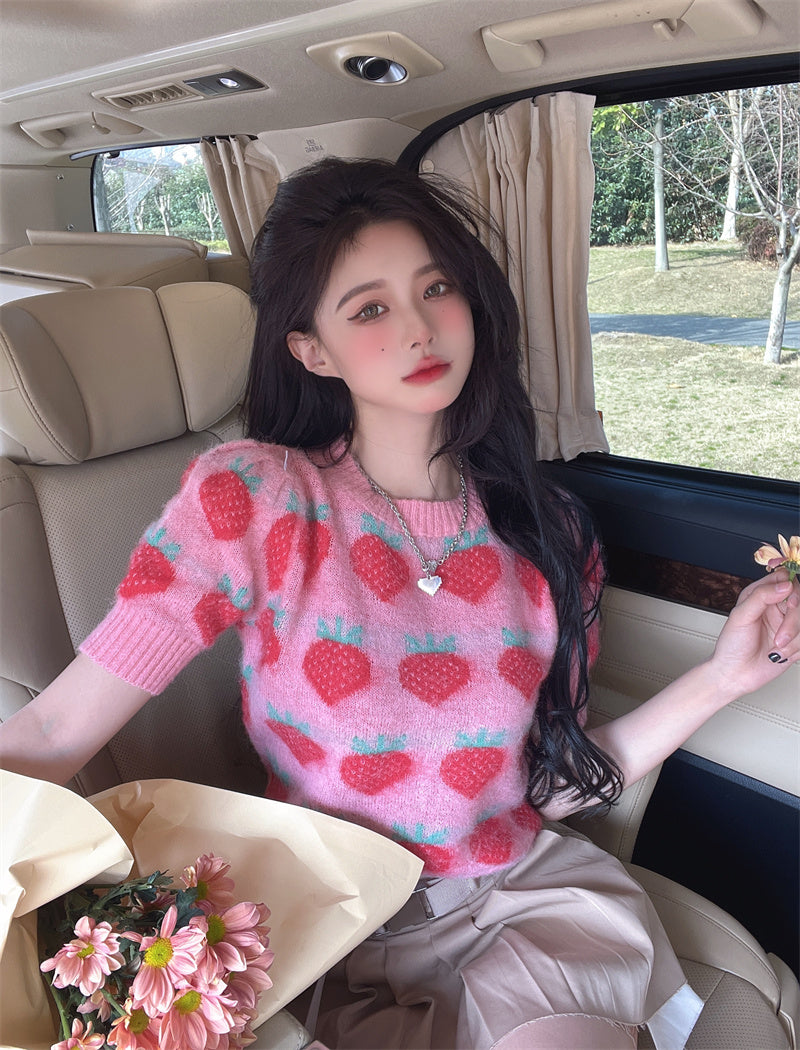 Strawberry Knitted Sweater Slim Fit Short Sleeve