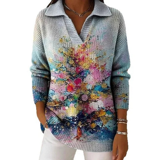 V-Neck Polo Collar Pullover Sweater Festive Christmas Holiday Knitwear Tunic Top